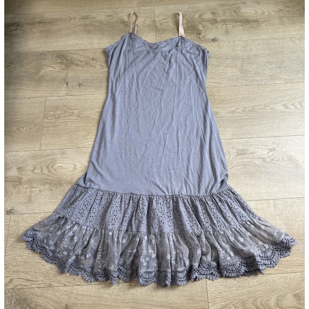 Matilda Jane Lace Trim Slip Dress Womens Grey Tiered Eyelet Hem Cottagecore sz M